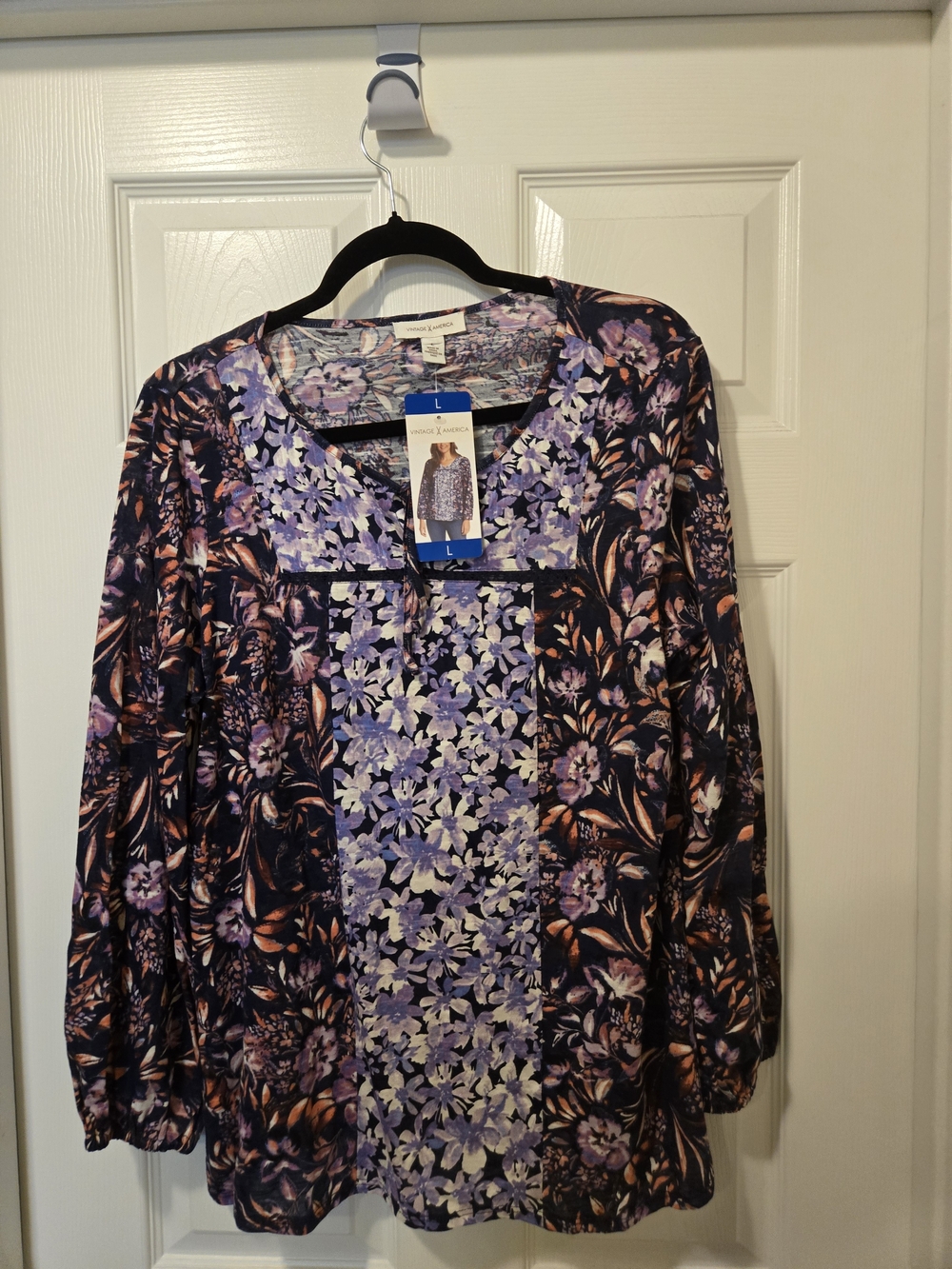 Vintage America Navy Floral Panel Blouse with Lavender Accents